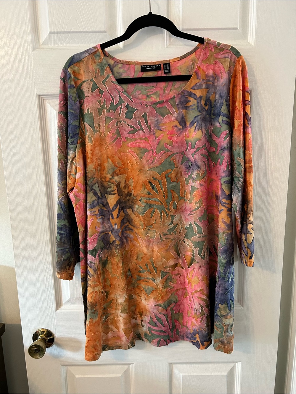 Susan Graver Multicolor Floral Burnout Tunic in Pink, Orange & Green